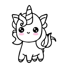 Outlined cartoon unicorn with large eyes and a small smile standing with a horn and flowing mane here