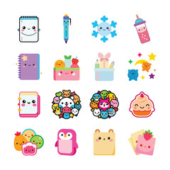 Fototapeta premium Cute Kawaii School Supplies and Characters Collection