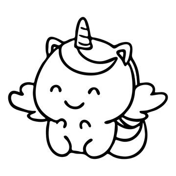 A delightful cartoon unicorn with wings and a horn in a simple black and white line drawing style