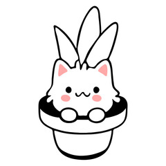 Obraz premium A cute white cat with pink cheeks sitting inside of a white flower pot with green leaves sticking out