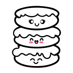 Stack of three cute white macarons with smiling faces and black outlines on a white background