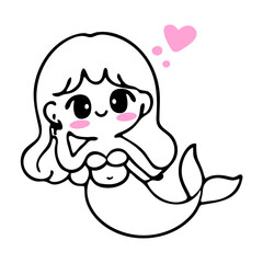 Cartoon drawing of a cute mermaid with a heart above her head in black and white outline style