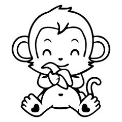 Cartoon monkey sitting and eating a banana outlined in black and white with heart details on feet