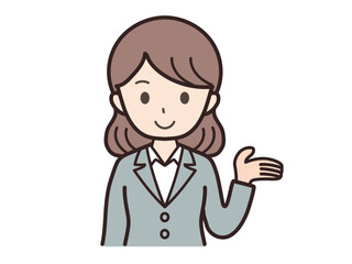 スーツ姿の女性ビジネスマンが説明するイラスト