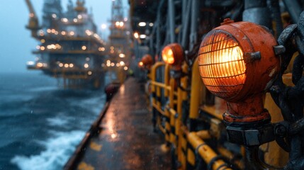 Naklejka premium A group of orange lights are lit up on a pier