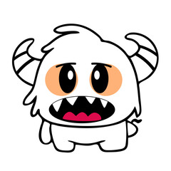 Illustration of a cartoon monster with white fur horns and a toothy grin on a white isolated background