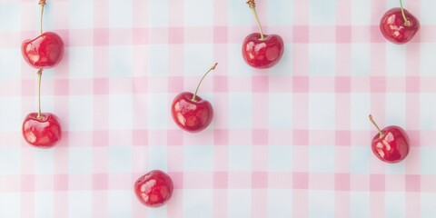 Bright red cherries scattered on a pastel pink and blue gingham tablecloth. Top view, retro picnic vibe, ideal for food backgrounds, summer promotions, or nostalgic designs..