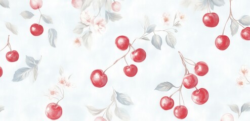 Seamless watercolor-style pattern with red cherries, soft green leaves, and delicate blossoms on light blue background. Elegant and fresh design perfect for textiles, wallpapers, and packaging..