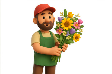 Friendly Flower Vendor Holding a Colorful Bouquet in Spring Theme