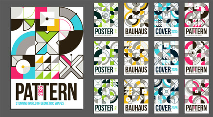 Abstract geometric covers design set, Bauhaus style retro geometrical patterns vector, magazine or flyer covers, modern mosaic graphics, advertising templates.
