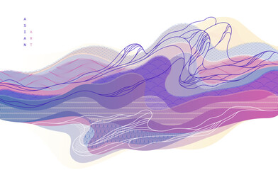 Plakat Abstract oriental Japanese art vector background, traditional style design, wavy shapes and mountains terrain landscape, runny like sea lines.
