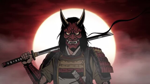 Samurai Warrior with Oni Mask and Katana Against a Red Sun