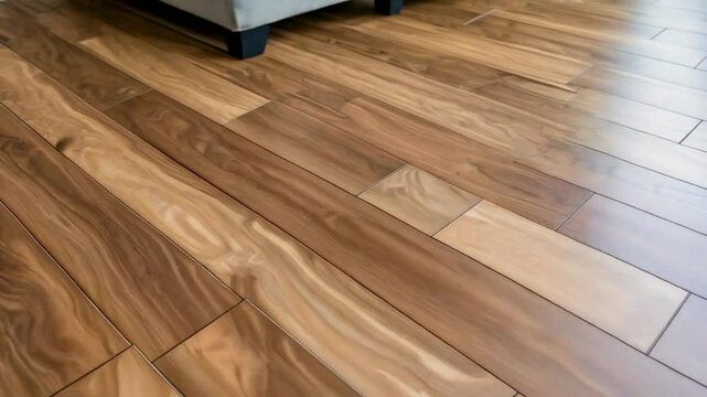 Closeup of a hardwood floor with a light colored couch in the background in a well lit room