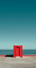 Red Container on Ocean Shore Under Blue Sky