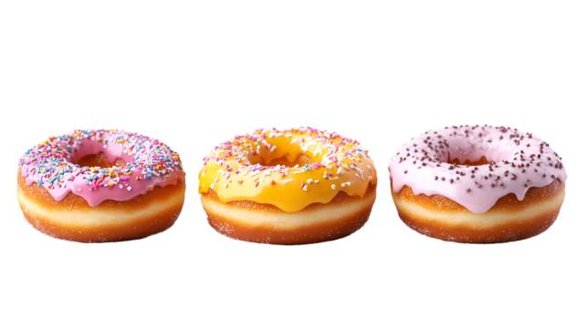 Three delicious donuts with colorful sprinkles