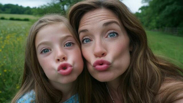 Mother and Daughter Kissy Face: A close-up shot of a mother and her daughter making funny faces, blowing kisses at the camera.  Their expressions are joyful and playful.