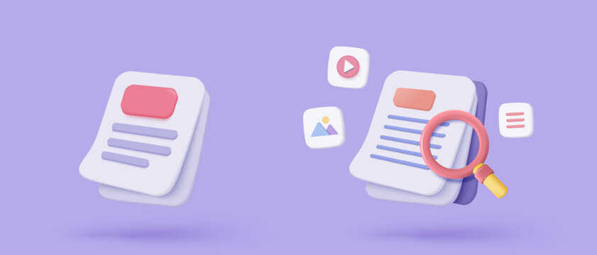 3d media file management concept. Searching image and video files in database. Document management soft, document flow app, compound docs concept. 3d magnifying icon vector rendering illustration