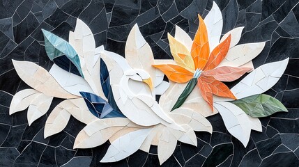 Vibrant Tropical Bird Of Paradise Mosaic With Orange And White Flowers