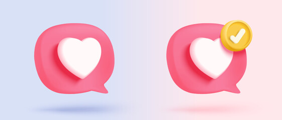 3D Social media online platform concept, online social communication on applications, Photo frame with heart and love emoji icon, like and play in red bubble 3d icons. 3d vector render concept