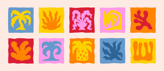 Boho Groovy Summer Plants Icons in Naive Style. Vector Abstract Square Tropical Illustrations Palm Tree, Pineapple, Coral, Seaweed for Logo, Patterns, T-Shirt Print, Stickers, Social Media