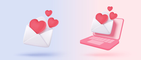 3d mail envelope icon with red heart notification new message. Minimal email letter with pop up speech icon on laptop. Happy valentine day message in love. 3d envelope vector icon render illustration