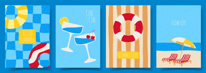Creative abstract summer cards. Vector posters with beach loungers and umbrella on seashore, cocktails, inflatable rings, lifebuoy. Concept flyers for party, holiday, event, card, invitation, banner.