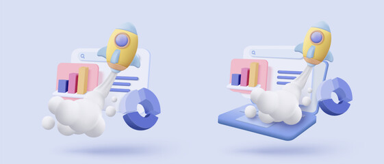 3D seo optimization icon for marketing social media. Interface for research planning web analytics strategy. 3d seo strategy buttons icon vector render illustration