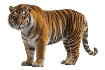A majestic tiger standing with its striped fur and intense gaze against a dark background scene view