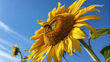 Close-up of a sunflower growing in a field of sunflowers during a nice sunny summer day with some clouds. Helianthus