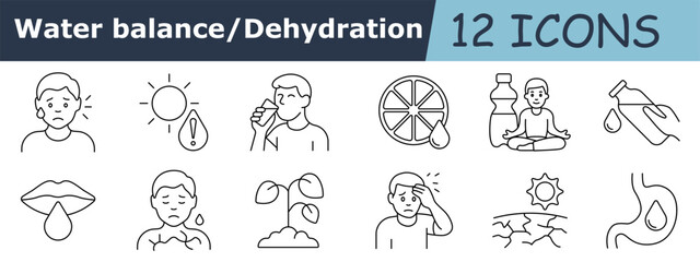 Water balance outline set icon. Person sweating, sun, warning drop, drinking man, citrus slice, bottles, seated man, hand pouring water, lips with drop, skin dryness, sprout, dizzy person