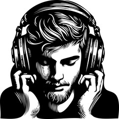 SVG guy with headphones black and white vector file for printing, cutting