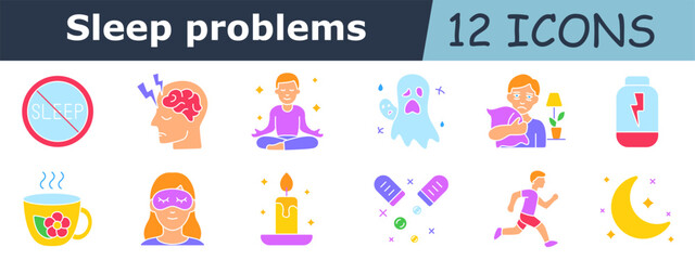 Sleep problems set icon. No sleep sign, brain activity, meditating person, ghost fear, sad man with pillow, energy loss, herbal tea, sleep mask, candle, sleeping pills, night run, moon with stars