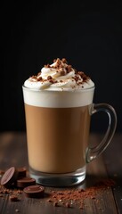 Frothy cappuccino, chocolate sprinkles & chunks, dark background , breakfast, milk