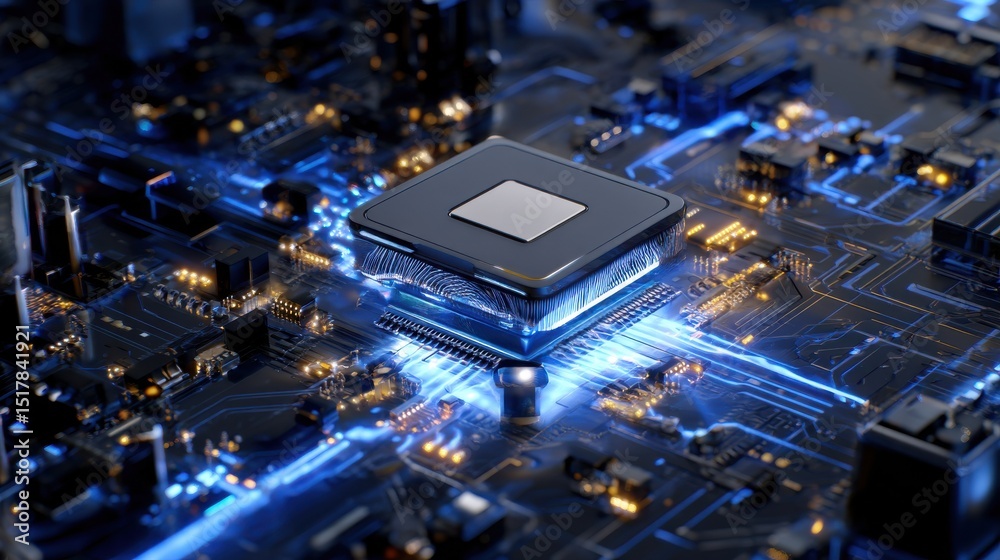 Poster a computer chip is shown in a blue and purple color scheme