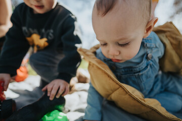 Two children spending time in nature, showcasing a special focus on a baby curiously engaging with their surroundings, depicting the joy and exploration of childhood moments