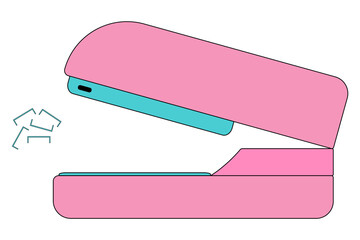 Pink and turquoise stapler with scattered staples on white background. Cartoon style school or office stationery. For back to school concept, education visual, educational theme, and classroom decor.