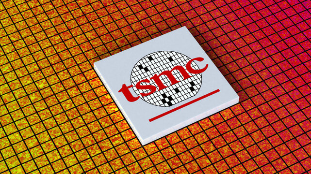 Taiwan Semiconductor Manufacturing Company TSMC logo, Taiwan Semiconductor manufacturing, Chip fabrication, IC production, Silicon Wafer, Nanotechnology, 3d render, Frankfurt - March 13, 2025
