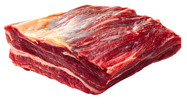 Raw brisket slice, uncooked beef, detailed fat marbling