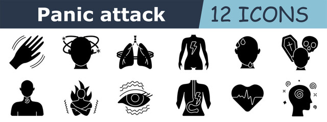 Panic attack flat set icon. Shaking hand, dizziness, lung spasm, body pain, sweating head, death fear, throat tightness, chest burning, eye stress, gut pain, heart rate, mental swirl