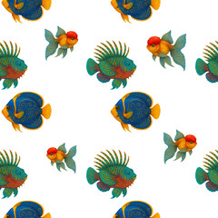 Seamless Watercolor Pattern with Colorful Fantasy Aquarium Fish