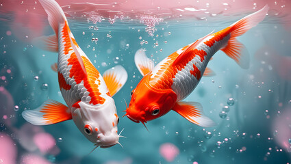 Elegant Koi Pair in Reflective Pond with Bubbles and Vivid Details