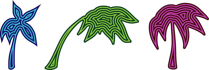 a set of vector multi-colored palm trees in a line