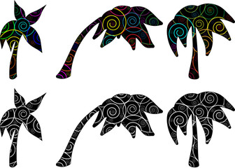 A set of palm trees in black, painted with spiral lines