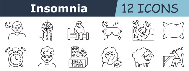 Insomnia set icon. Sad face, moon, dreamcatcher, man in bed, sleep mask, pillow fight, alarm clock, sleepy boy, melatonin pack, tired woman, cup with steam, sheep, sleeping at desk