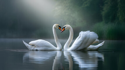 Elegant White Swans Shaping Heart Amid Foggy Waters and Forest