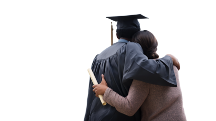 Graduate Hugging Parent – Emotional Celebration of Success and Gratitude in Cap and Gown, Transparent Background