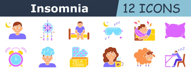 Insomnia set icon. Sad face, moon, dreamcatcher, man in bed, sleep mask, pillow fight, alarm clock, sleepy boy, melatonin pack, tired woman, cup with steam, sheep, sleeping at desk