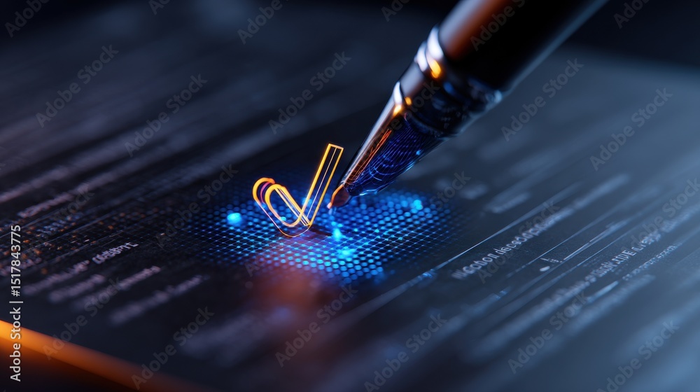 Poster a pen is drawing a check mark on a computer screen
