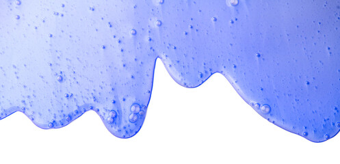 Shampoo violet liquid shower gel flowing, shower fluid gel, isolated on white background, dripping shampoo texture on white, body care cosmetic, texture of liquid washing gel, soap backdrop flat lay. 