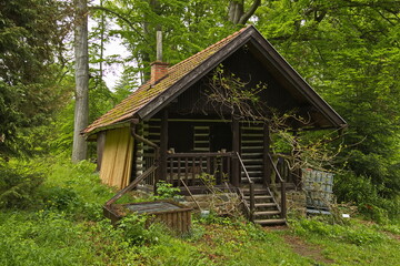 Wooden cottage in Arboretum Krtiny in Blansko District, South Moravian Region, Czech Republic, Europe, Central Europe
